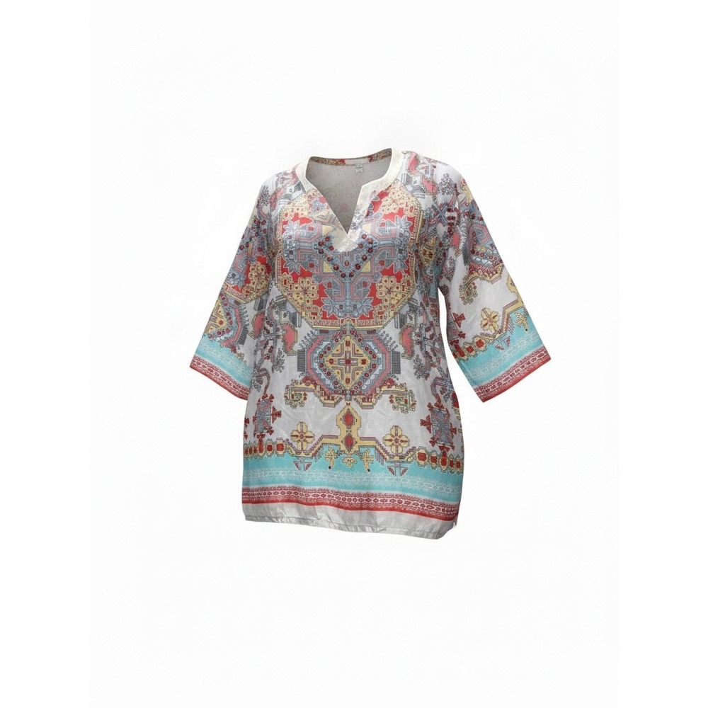 Johnny Was Women 100% Silk Geometric Medallion Print Tunic Top Red Blue Small
